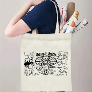 A person carrying the tote bag, showing its size and how the print appears when worn.