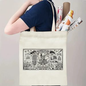 A person carrying the tote bag, showing its size and how the print appears when worn.