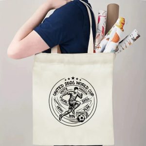 A person carrying the tote bag, showing its size and how the print appears when worn.