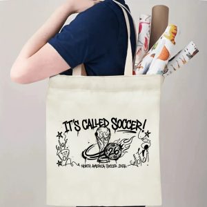 A person carrying the tote bag, showing its size and how the print appears when worn.