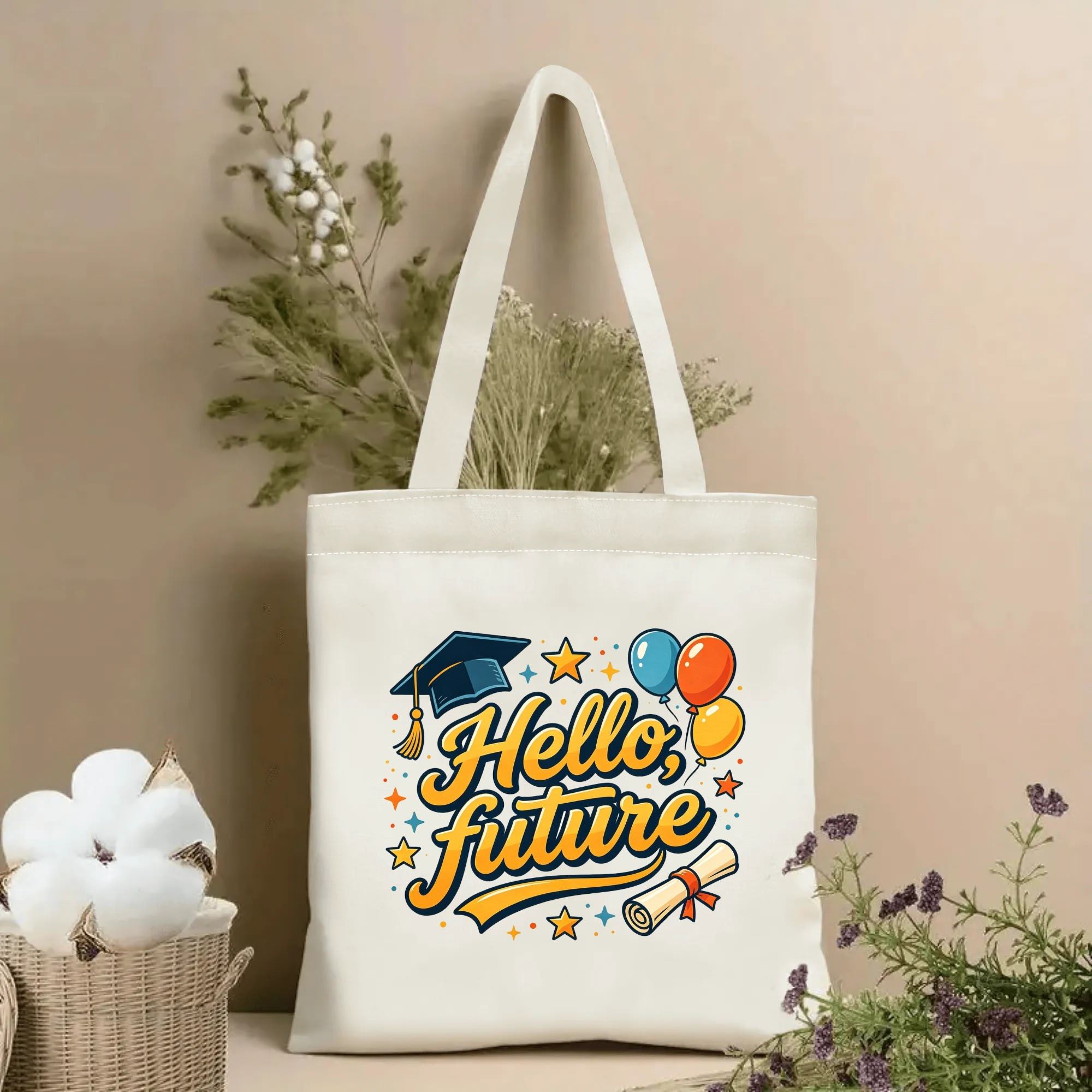 Natural canvas graduation‑themed tote bag featuring "Hello, future" vibrant cursive lettering, decorated with graduation cap, diploma, colorful balloons and star accents, styled with dried flowers for graduation gift display