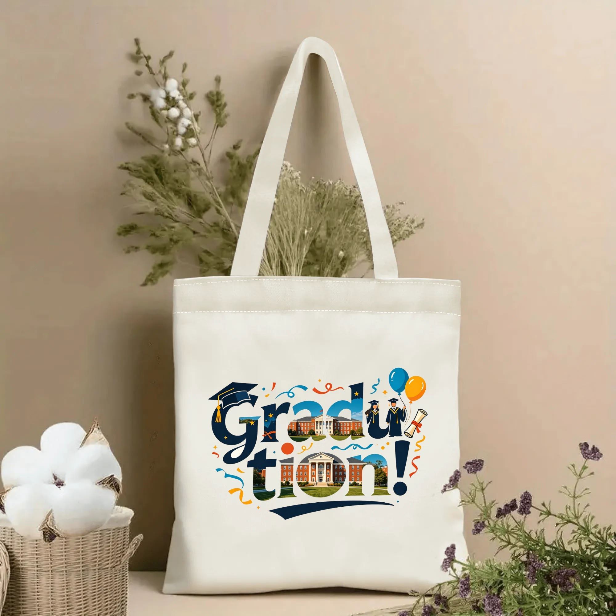 Natural canvas graduation‑themed tote bag featuring stylized "Graduation!" lettering embedded with university building graphics, decorated with graduation cap, graduate silhouettes, balloons and confetti, styled with dried flowers for graduation gift display