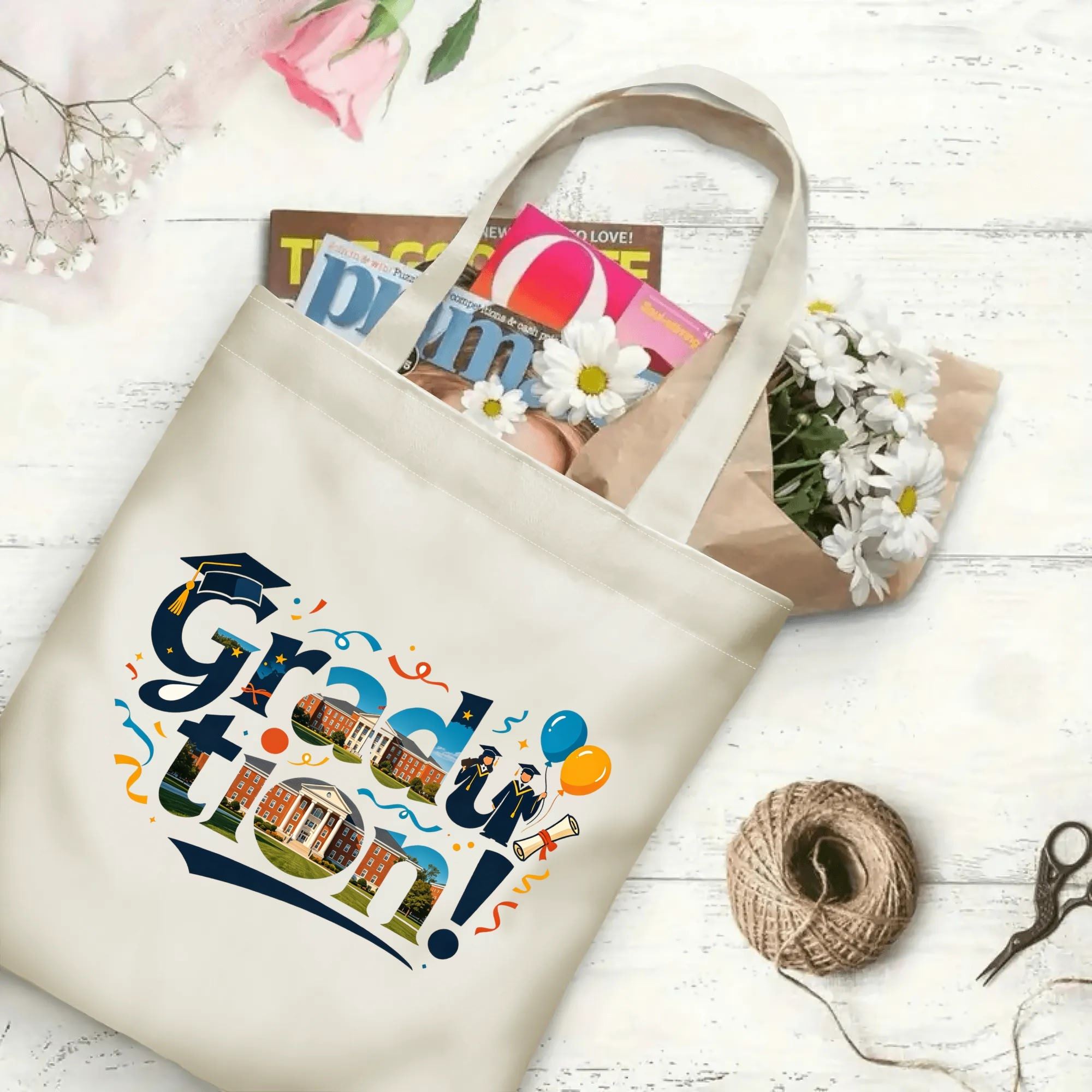 Flat‑lay shot of natural canvas graduation tote bag with creative "Graduation!" typography print including campus building details, graduation cap, graduates and party accents, decorated with daisies and books, ideal graduation gift