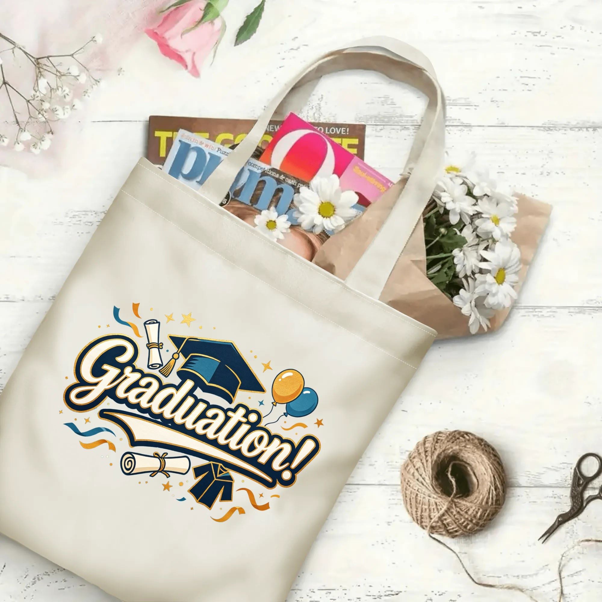 Flat‑lay shot of natural canvas graduation tote bag with festive "Graduation!" print, graduation cap, diploma, gown and celebratory balloon details, decorated with daisies and books, ideal graduation gift