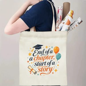 Person carrying natural canvas graduation tote bag with sentimental milestone‑quote print, graduation cap and celebratory balloon graphics, casual keepsake reusable gift bag