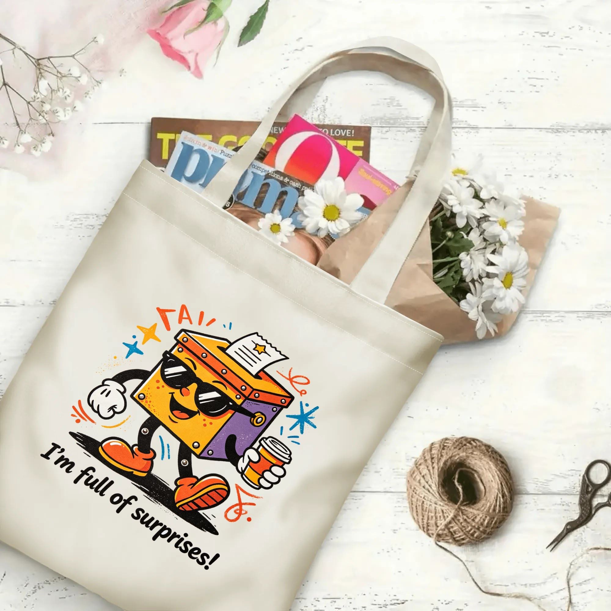 Flat‑lay shot of natural canvas fun graphic tote bag with retro cartoon ballot box print, sunglasses, coffee cup and playful quote, decorated with daisies and books, ideal casual daily‑wear bag