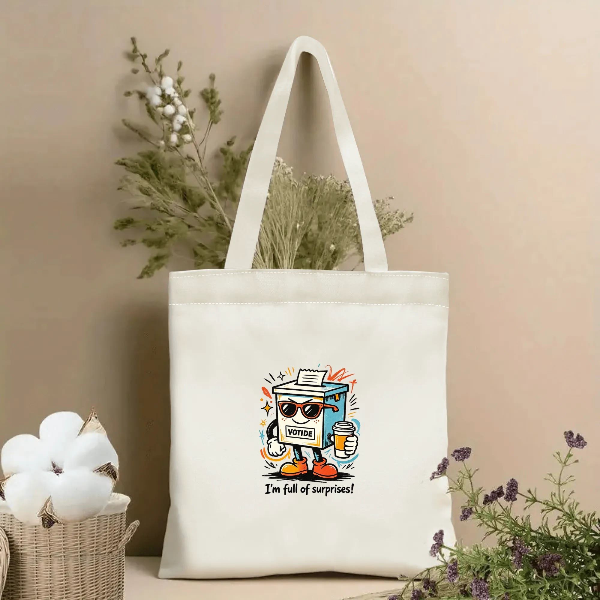Natural canvas 2026 US mid‑term election themed tote bag featuring a cool retro cartoon ballot box mascot wearing sunglasses, holding a coffee cup, with "I'm full of surprises!" funny slogan, styled with dried flowers for voting‑season gift display