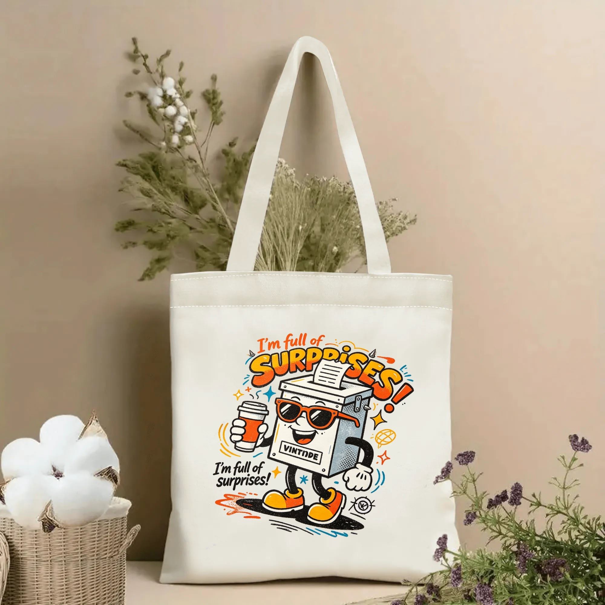 Natural canvas 2026 US mid‑term election themed tote bag featuring a vibrant retro‑style cartoon ballot box mascot wearing sunglasses and holding a coffee cup, paired with the playful slogan "I'm full of surprises!", styled with dried flowers for voting‑season gift display