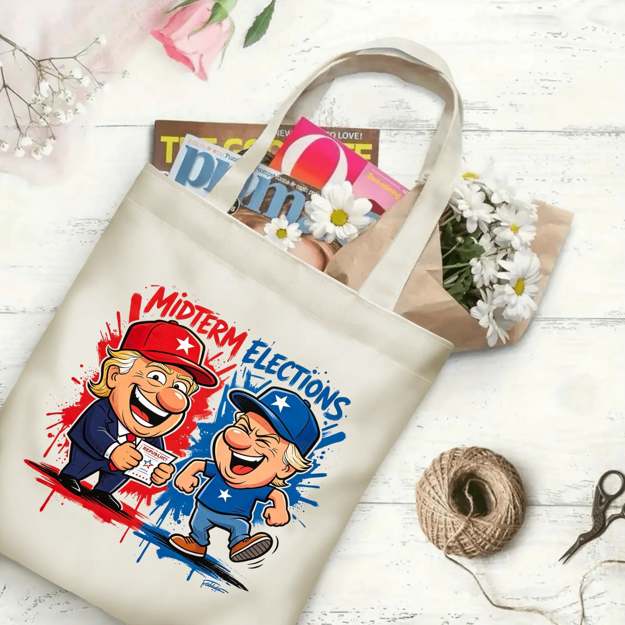 Flat‑lay shot of natural canvas political novelty tote bag with fun bipartisan cartoon graphic, red‑blue patriotic color scheme and midterm elections text, decorated with daisies, ideal casual daily‑wear bag for voters and political supporters