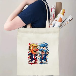 Person carrying natural canvas 2026 mid‑term election gag gift tote bag with eye‑catching cartoon political characters and patriotic splash‑art design, reusable political accessory for election rallies, voting day and everyday errands