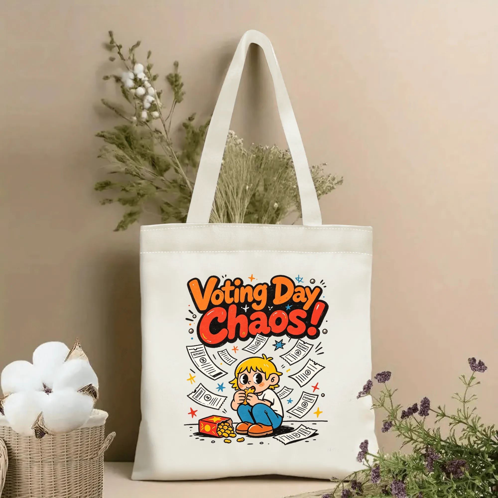 Natural canvas 2026 US mid‑term election themed tote bag featuring a cute retro‑cartoon kid graphic, flying voting ballots, coin box and bold "Voting Day Chaos!" playful slogan, styled with dried flowers for voting‑season gift display
