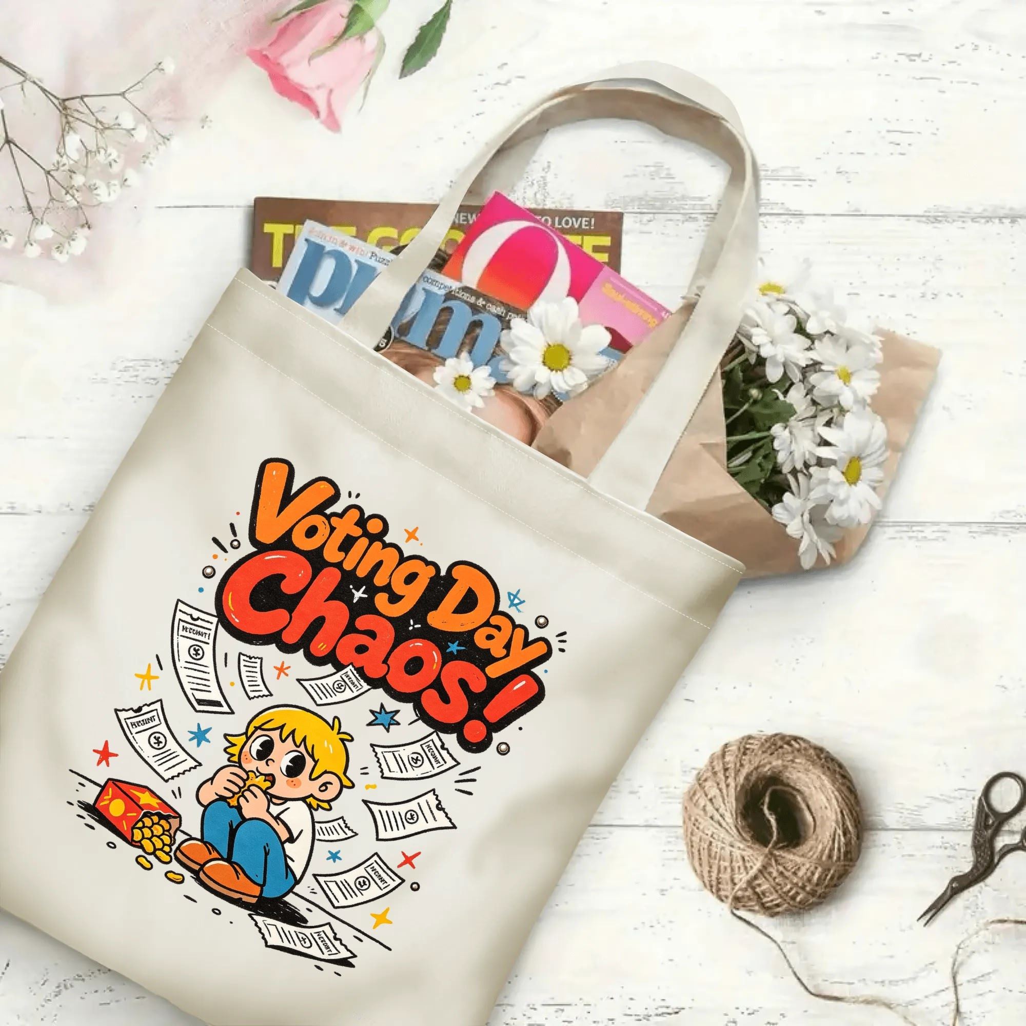 Flat‑lay shot of natural canvas political novelty tote bag with fun whimsical "Voting Day Chaos!" cartoon print, kid character and ballot details, decorated with daisies, ideal casual daily‑wear bag for voters