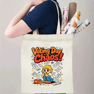 Person carrying natural canvas 2026 mid‑term election gag gift tote bag with eye‑catching "Voting Day Chaos!" retro cartoon design, reusable political accessory for election rallies, voting day and everyday errands