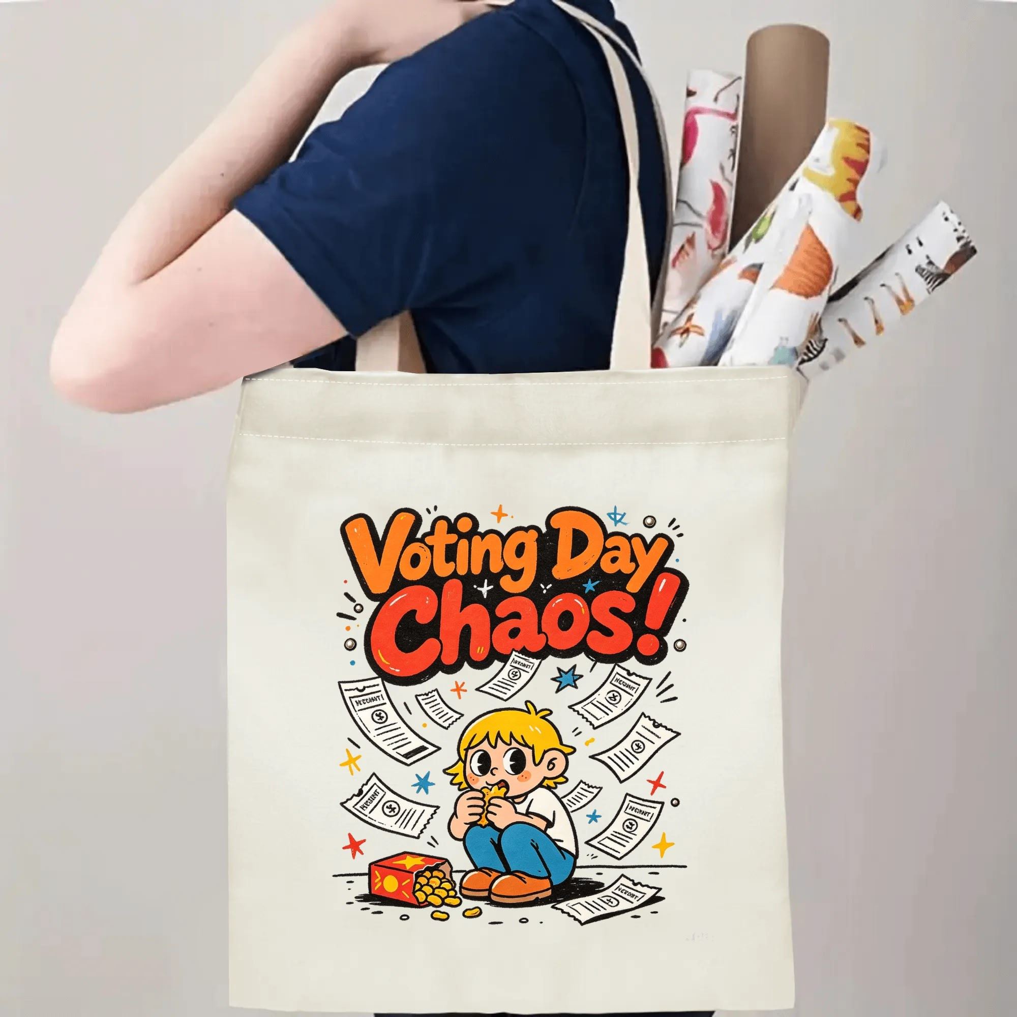 Person carrying natural canvas 2026 mid‑term election gag gift tote bag with eye‑catching "Voting Day Chaos!" retro cartoon design, reusable political accessory for election rallies, voting day and everyday errands