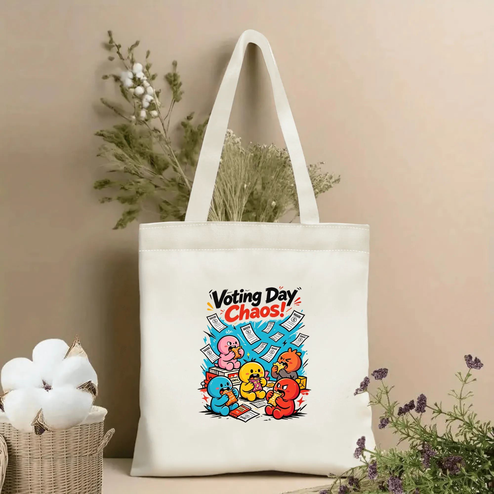 Natural canvas 2026 US mid‑term election themed tote bag featuring cute colorful cartoon characters munching snacks amid flying voting ballots, paired with the playful slogan "Voting Day Chaos!", styled with dried flowers for voting‑season gift display