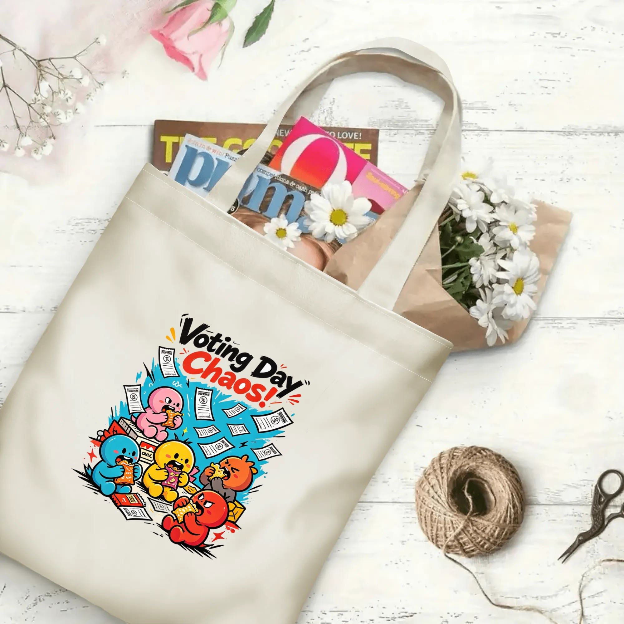 Flat‑lay shot of natural canvas political novelty tote bag with vibrant whimsical "Voting Day Chaos!" cartoon print, multi‑color party‑themed characters and ballot details, decorated with daisies, ideal casual daily‑wear bag for voters