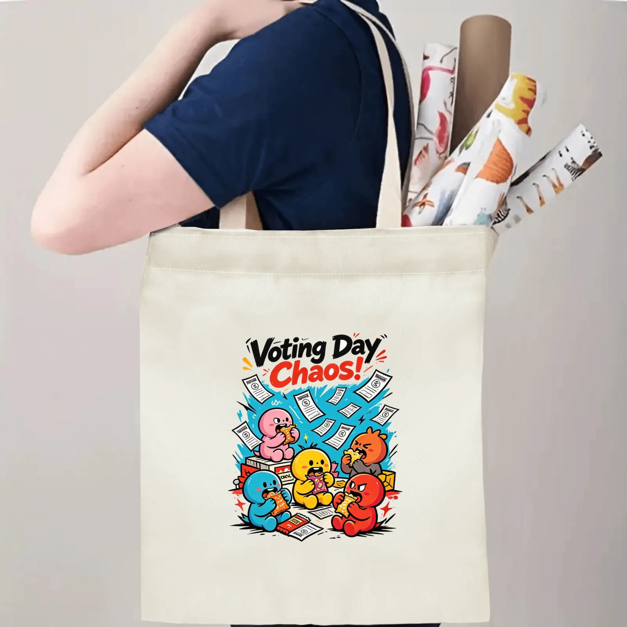 Person carrying natural canvas 2026 mid‑term election gag gift tote bag with fun chaotic cartoon character design and "Voting Day Chaos!" slogan, reusable political accessory for election rallies, voting day and everyday errands