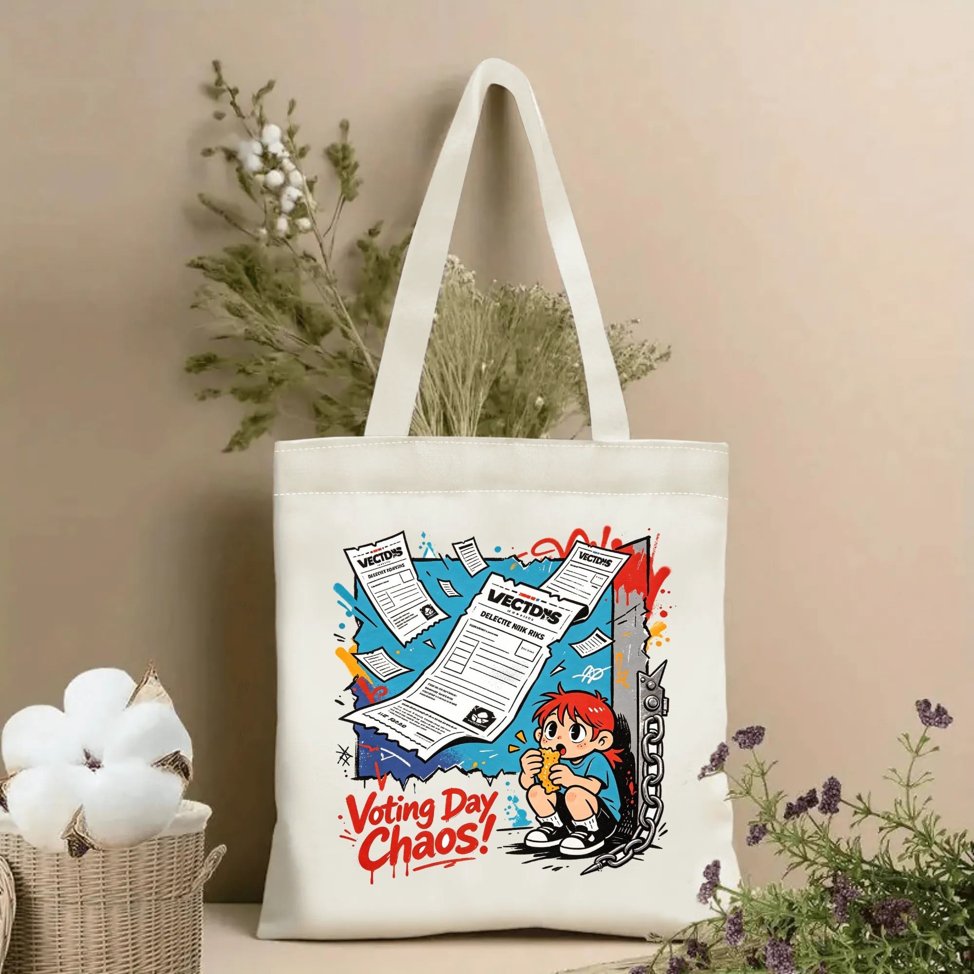 Natural canvas 2026 US mid‑term election themed tote bag featuring edgy street‑art style cartoon red‑haired kid character, flying voting ballots, chain and graffiti splatter details, paired with bold "Voting Day Chaos!" slogan, styled with dried flowers for voting‑season gift display