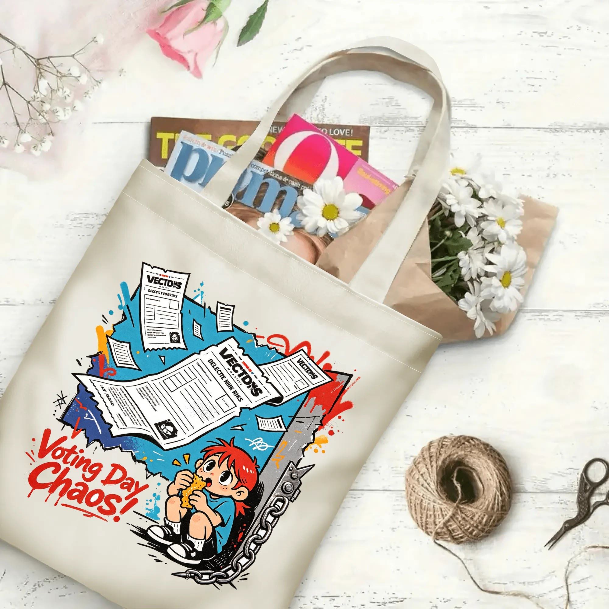 Flat‑lay shot of natural canvas political novelty tote bag with punk‑inspired "Voting Day Chaos!" street‑art graphic, voting documents and grunge design elements, decorated with daisies, ideal casual daily‑wear bag for voters