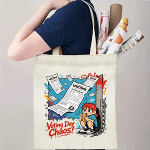 Person carrying natural canvas 2026 mid‑term election gag gift tote bag with bold graffiti‑style voting chaos cartoon print, edgy grunge aesthetic, reusable political accessory for election rallies, voting day and everyday errands
