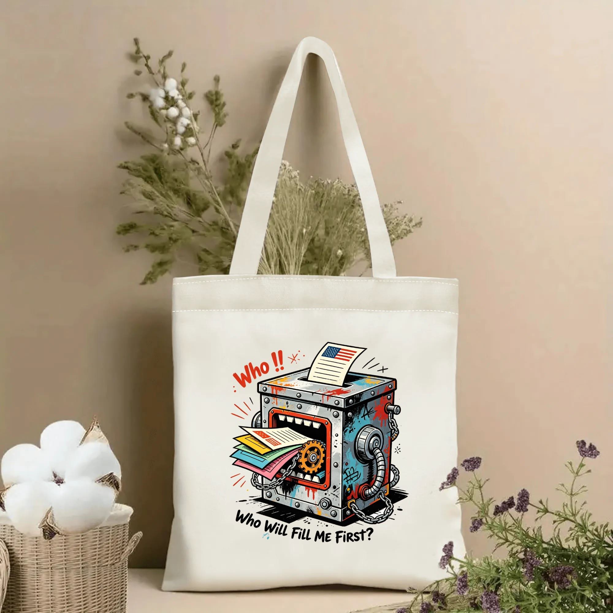 Natural canvas 2026 US mid‑term election themed tote bag featuring a grungy steampunk monster ballot box graphic with gears, chains and dripping paint, paired with the cheeky slogan "Who Will Fill Me First?" and American flag ballot slip detail, styled with dried flowers for voting‑season gift display