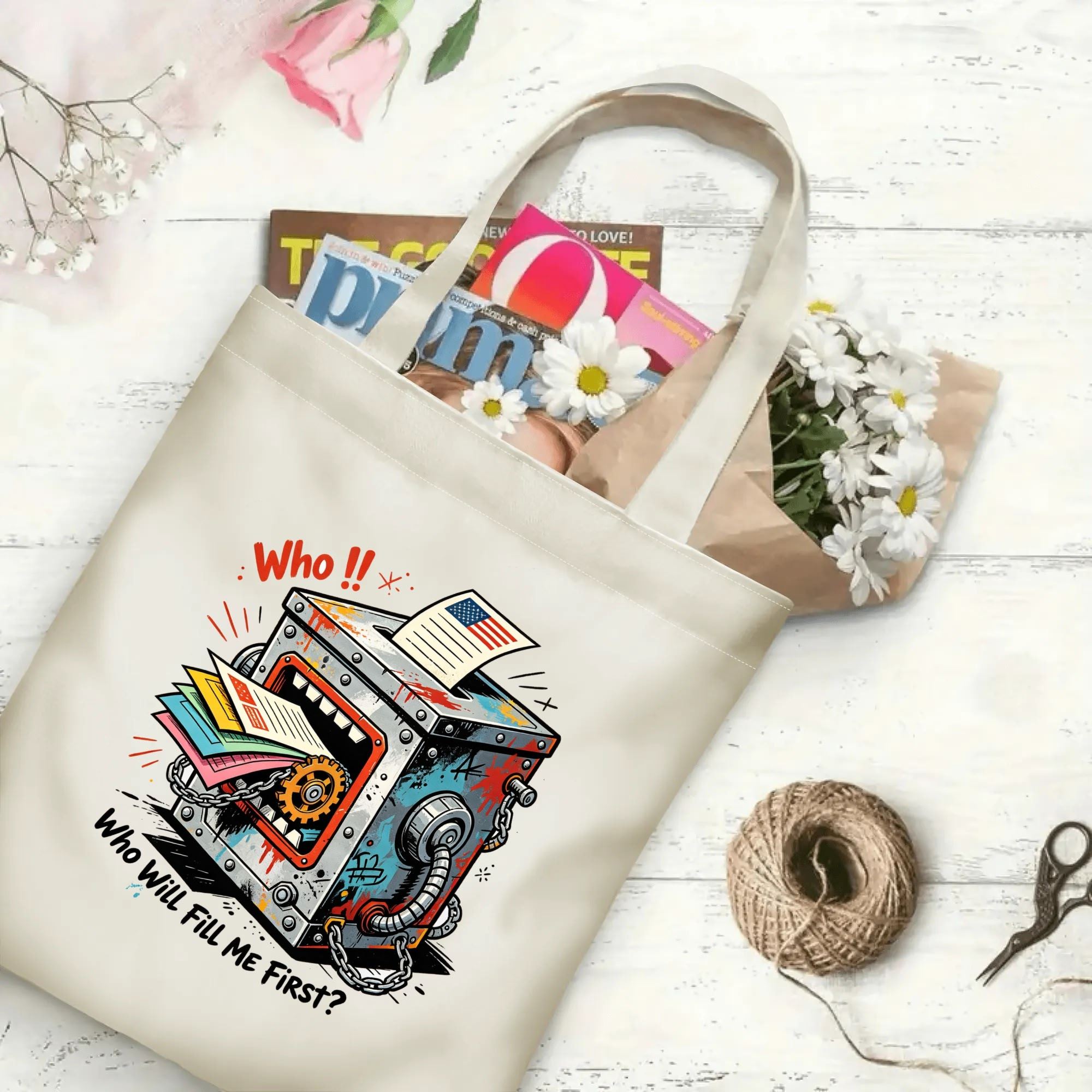 Flat‑lay shot of natural canvas political novelty tote bag with edgy steampunk‑style monster ballot box print, graffiti splatter textures and humorous election quote, decorated with daisies, ideal casual daily‑wear bag for voters