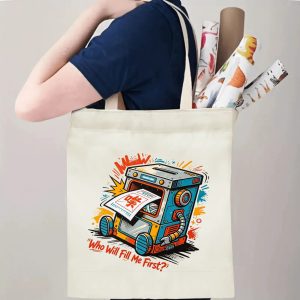 Person carrying natural canvas 2026 mid‑term election gag gift tote bag with fun retro robot ballot box design and playful "Who Will Fill Me First?" slogan, reusable political accessory for election rallies, voting day and everyday errands