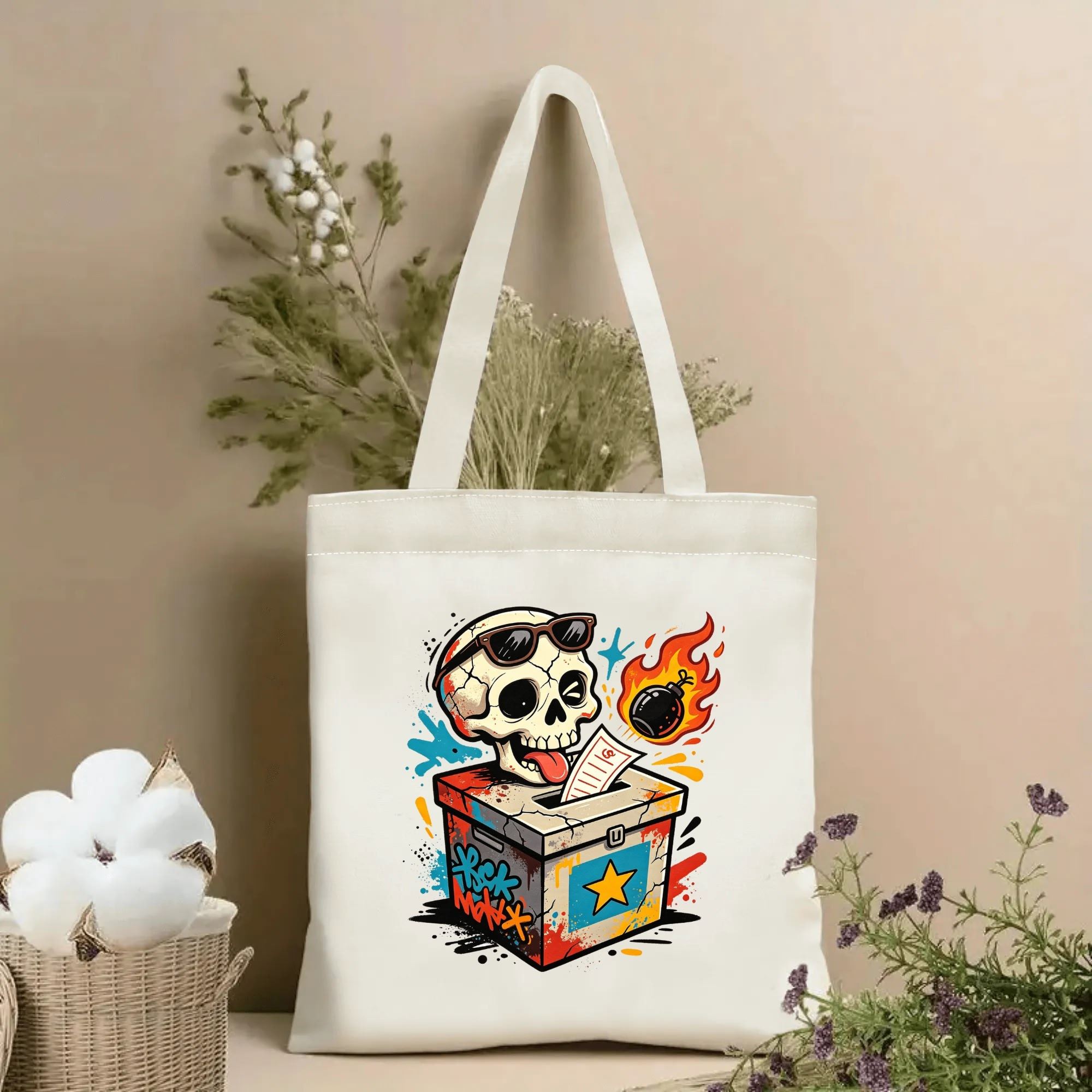 Natural canvas 2026 US mid‑term election themed tote bag featuring an edgy graffiti‑style skull wearing sunglasses popping out of a cracked ballot box, with a flaming bomb, voting slip and bold street‑art splatter details, styled with dried flowers for voting‑season gift display