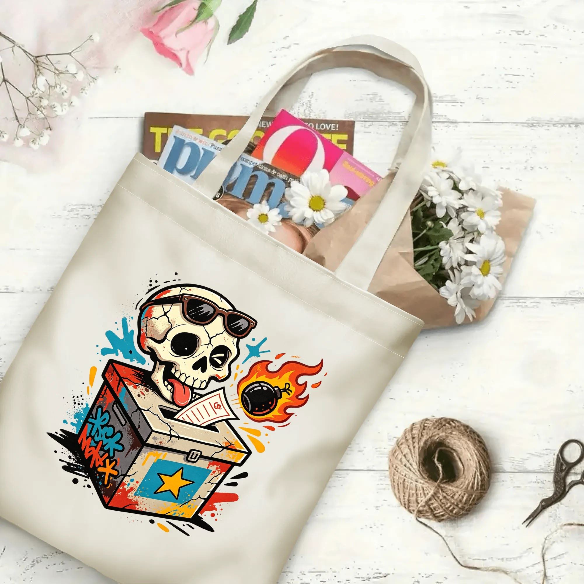 Flat‑lay shot of natural canvas political novelty tote bag with cool punk‑rock skull ballot box graphic, fiery bomb accent and pop‑art graffiti textures, decorated with daisies, ideal casual daily‑wear bag for voters