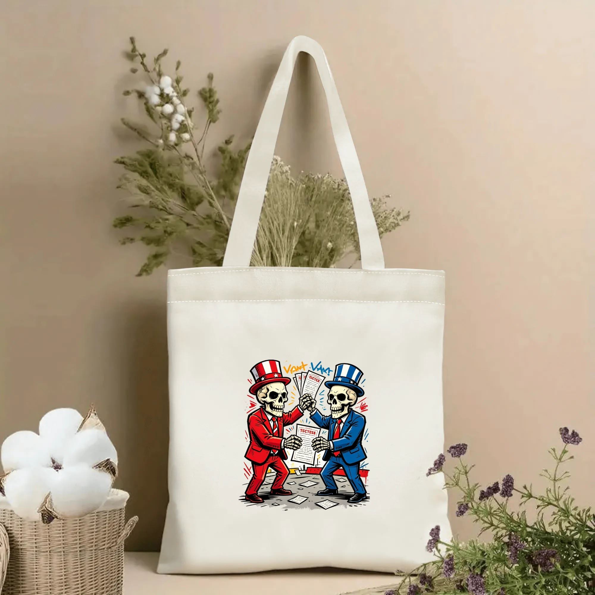 Natural canvas 2026 US mid‑term election themed tote bag featuring two cartoon skull Uncle Sam characters in red‑blue patriotic suits and top hats, debating with voting ballots, styled with dried flowers for voting‑season gift display