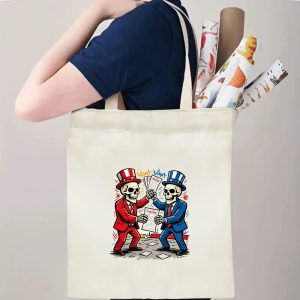 Person carrying natural canvas 2026 mid‑term election gag gift tote bag with playful skull Uncle Sam debate print and vintage patriotic aesthetic, reusable political accessory for election rallies, voting day and everyday errands