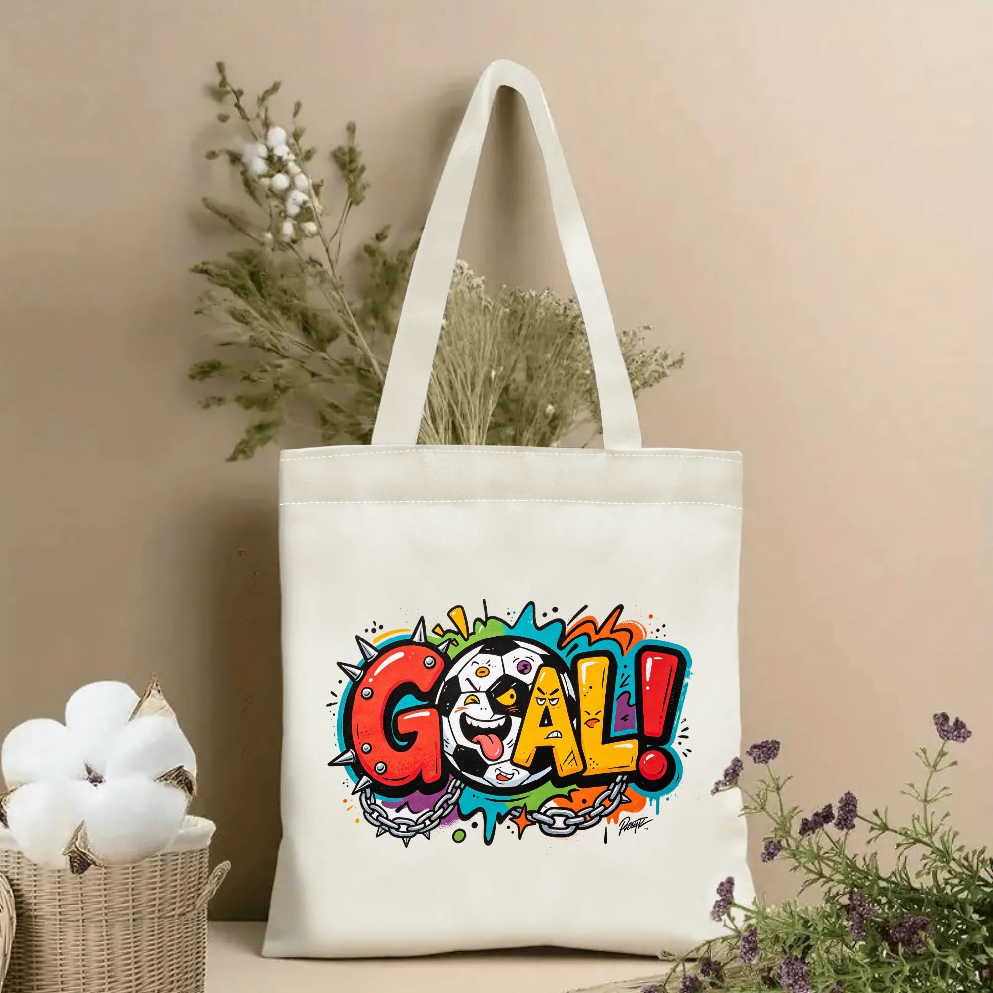 Natural canvas soccer‑themed tote bag featuring an edgy punk‑graffiti style "GOAL!" graphic, spiked lettering, chain accents and a mischievous winking soccer‑ball character, styled with dried flowers for sports‑fan gift display
