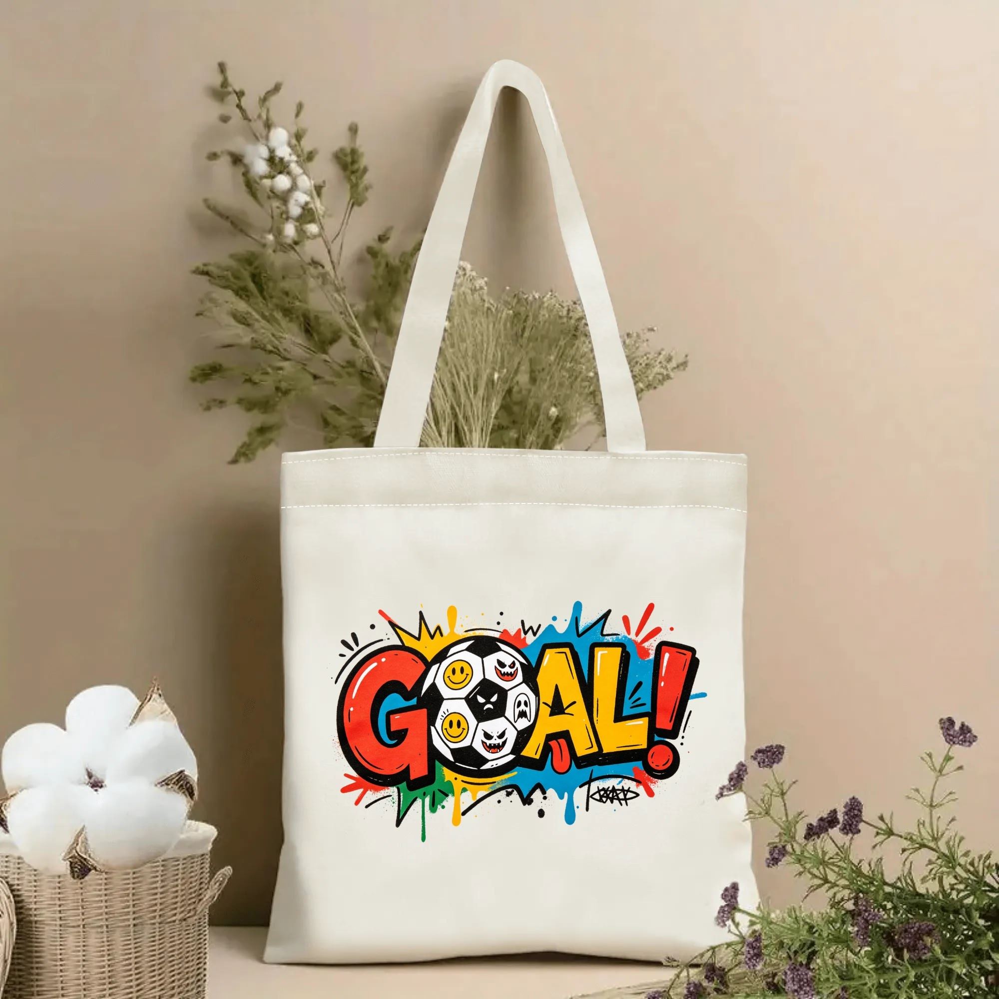 Natural canvas soccer‑themed tote bag featuring vibrant street‑graffiti style "GOAL!" lettering, a soccer ball filled with playful emoji faces, and colorful paint‑splatter accents, styled with dried flowers for sports‑fan gift display