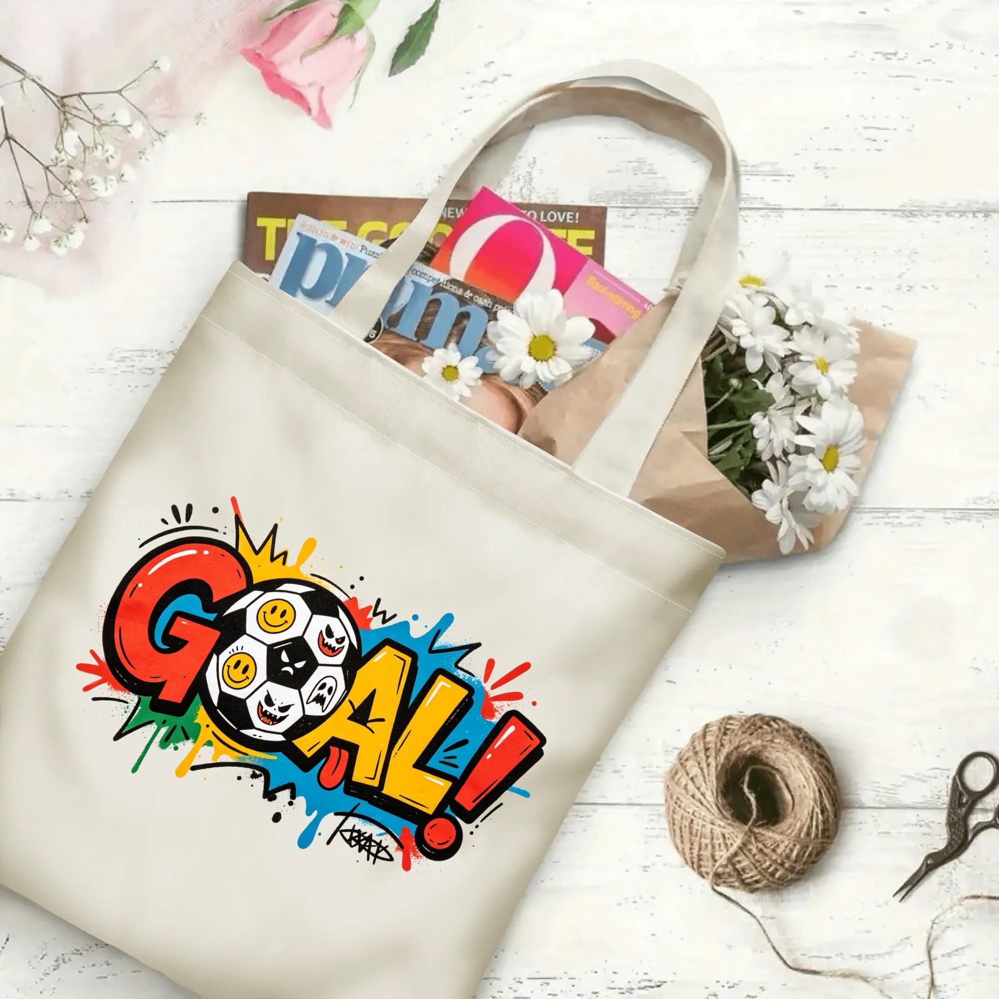 Flat‑lay shot of natural canvas pop‑art sports novelty tote bag with bold splash‑style "GOAL!" typography, emoji‑covered soccer ball graphic and fun grunge details, decorated with daisies, ideal casual daily‑wear bag for football fans