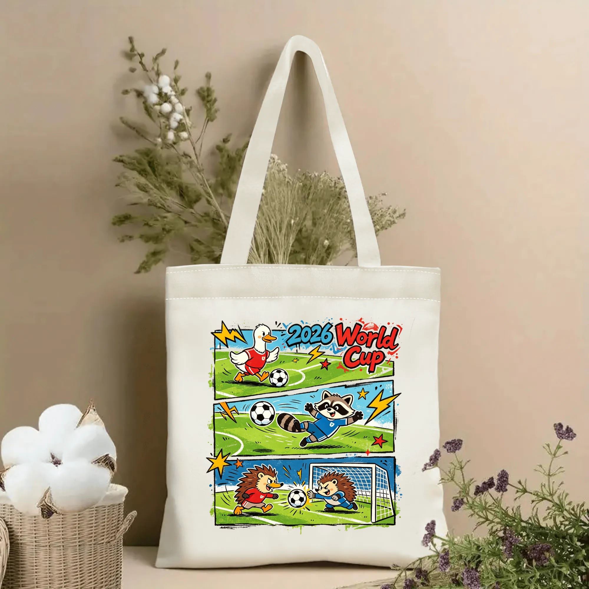 Natural canvas 2026 World Cup‑themed tote bag featuring a fun three‑panel comic‑strip cartoon of cute animals — duck, raccoon and hedgehog — playing soccer on a grass pitch, with bold "2026 World Cup" lettering and playful star‑bolt accents, styled with dried flowers for sports‑fan gift display