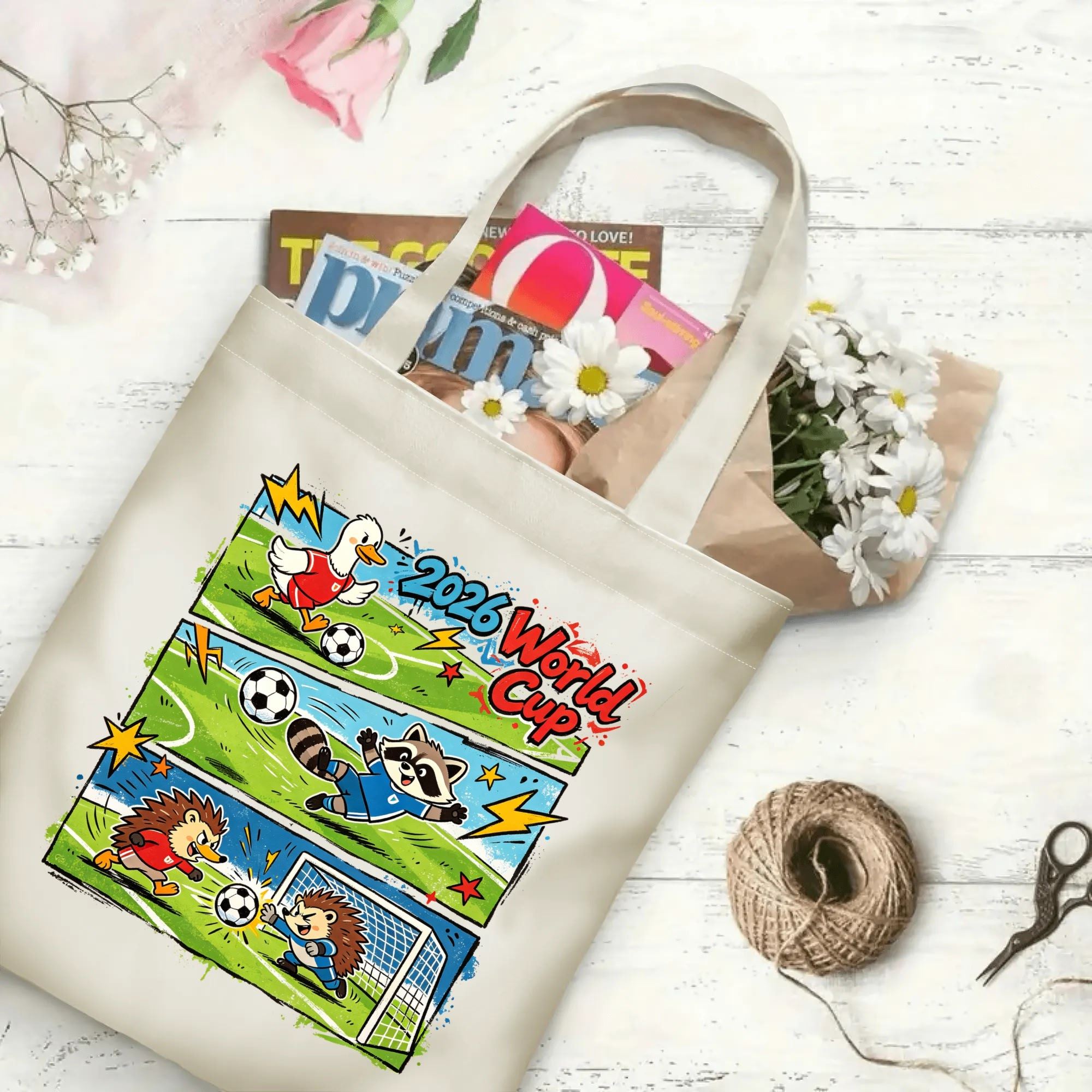 Flat‑lay shot of natural canvas novelty football tote bag with vibrant comic‑style animal soccer graphic, adorable wildlife players and colorful field background, decorated with daisies, ideal casual daily‑wear bag for World Cup fans