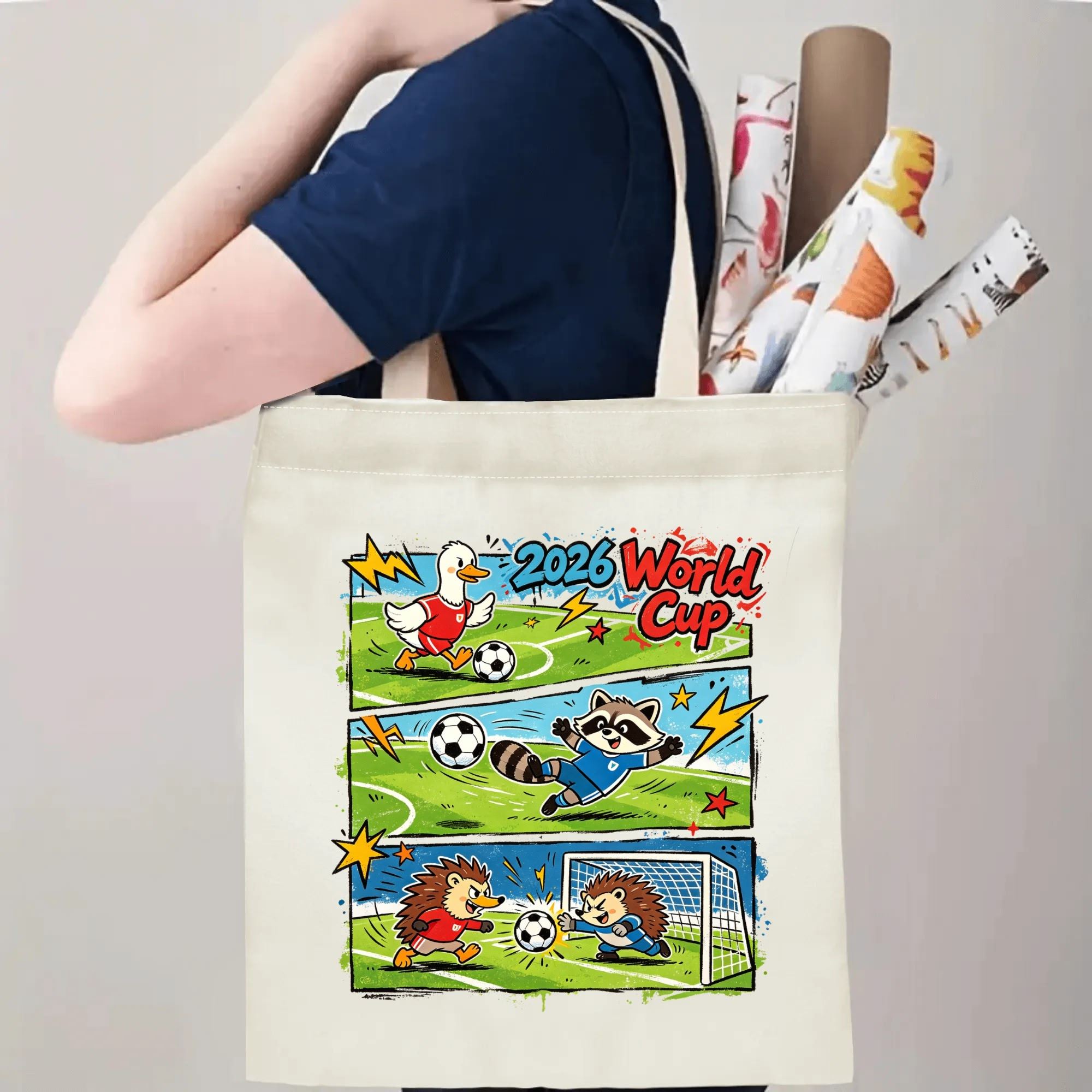 Person carrying natural canvas 2026 World Cup fan‑gift tote bag with cheerful cartoon animal soccer comic design, reusable sports accessory for tournament viewing, fan events or everyday errands