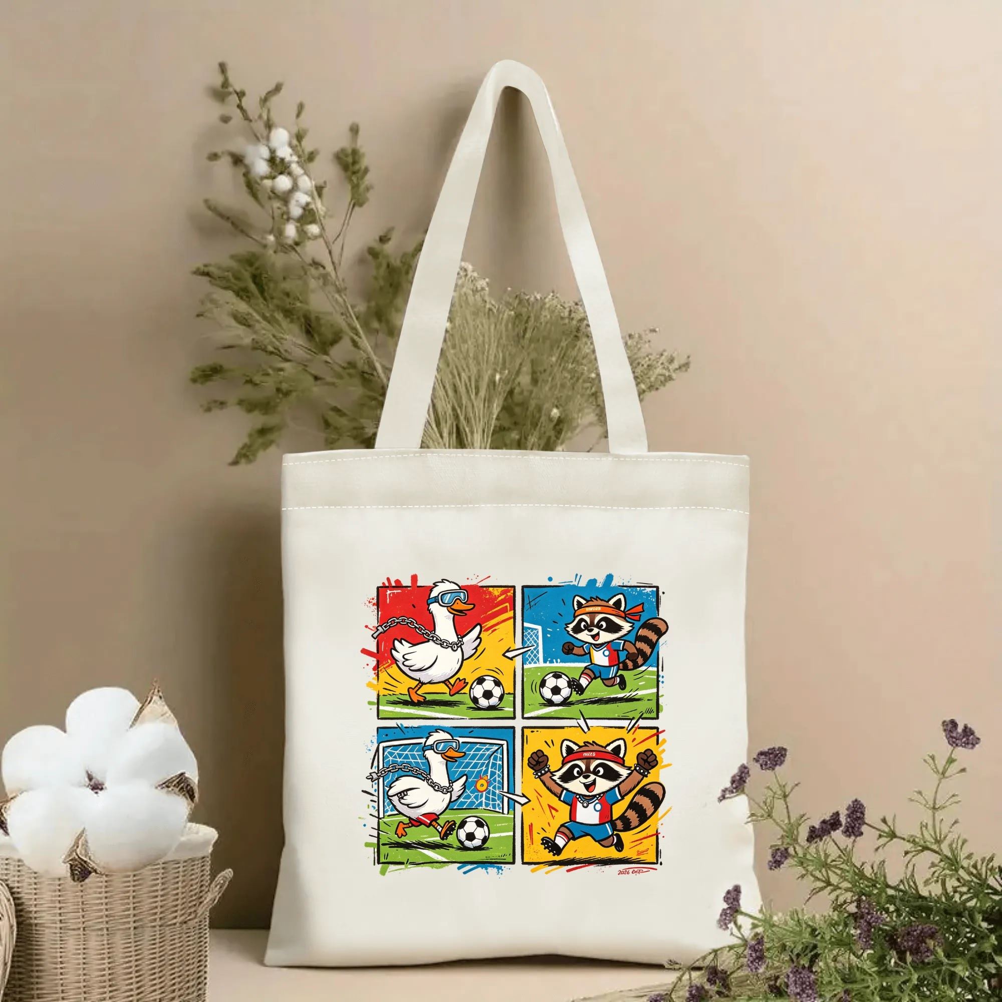 Natural canvas 2026 World Cup‑themed tote bag featuring a vibrant four‑panel comic‑strip cartoon of cool duck and raccoon characters playing soccer, complete with chain accents, colorful splatter backgrounds and playful match‑action poses, styled with dried flowers for sports‑fan gift display