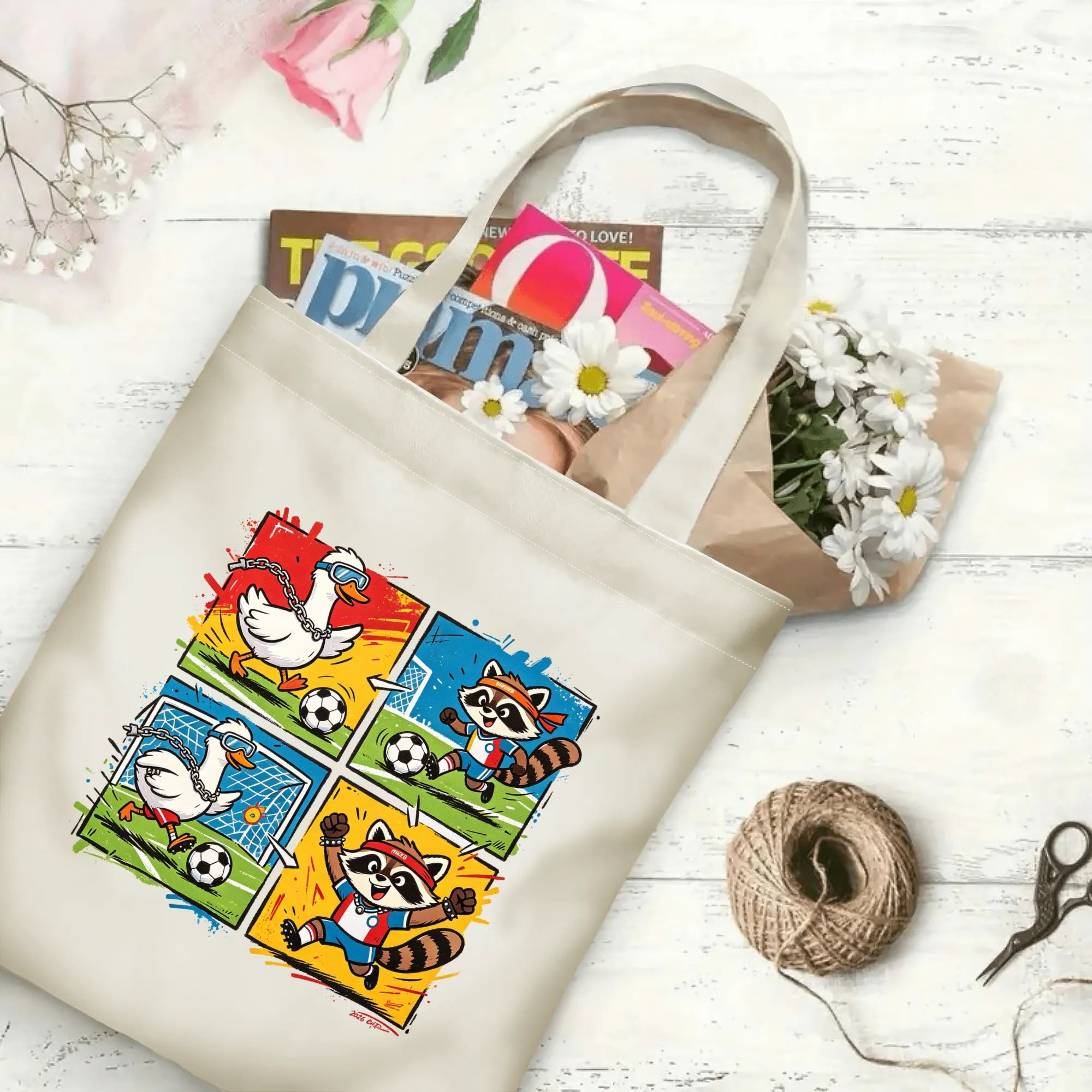 Flat‑lay shot of natural canvas novelty football tote bag with pop‑art four‑square animal soccer graphic, stylish duck‑raccoon players and bright field‑themed panels, decorated with daisies, ideal casual daily‑wear bag for World Cup fans