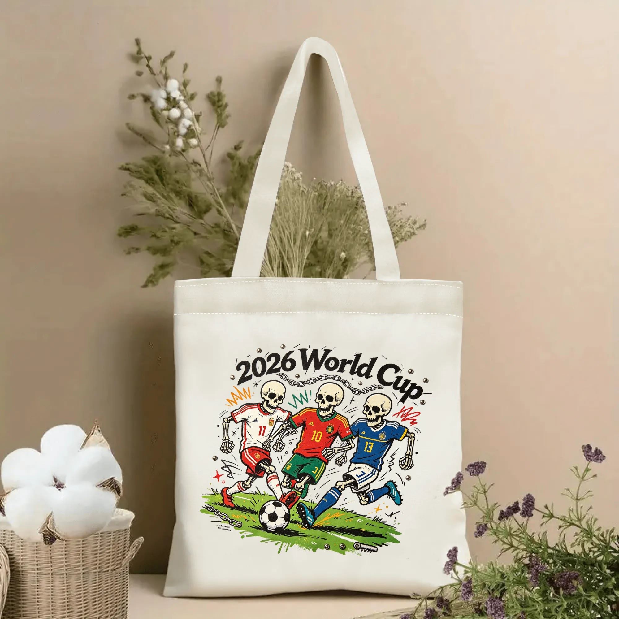 Natural canvas 2026 World Cup‑themed tote bag featuring an edgy punk‑tattoo‑style graphic of three skeleton soccer players in national team jerseys competing on a grass pitch, with bold "2026 World Cup" lettering, chain accents and grunge splatter details, styled with dried flowers for sports‑fan gift display