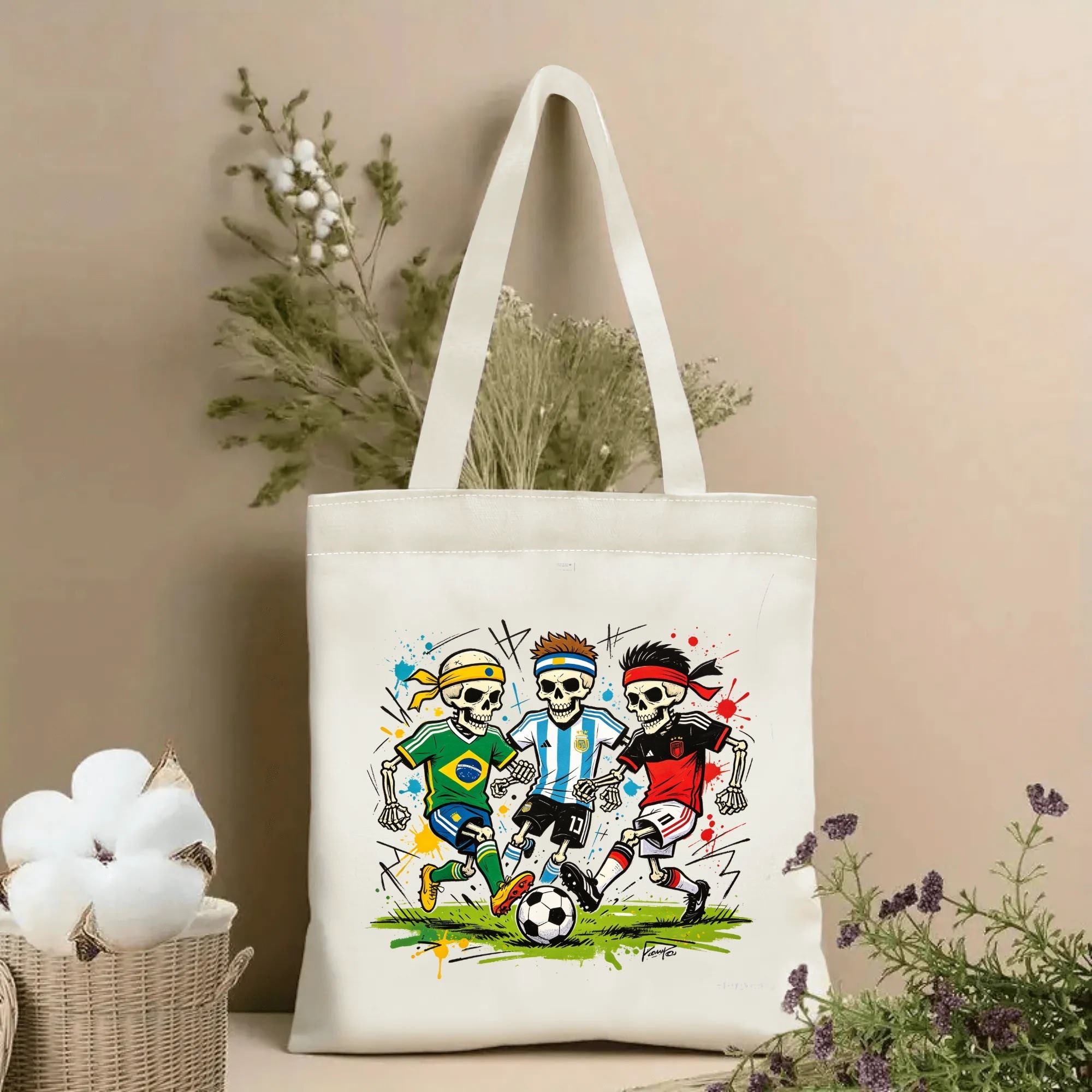 Natural canvas 2026 World Cup‑themed tote bag featuring an edgy street‑art graphic of three punk‑style skeleton soccer players wearing Brazil, Argentina and Germany national team jerseys, headbands and splatter‑paint accents, competing on a grass pitch, styled with dried flowers for sports‑fan gift display