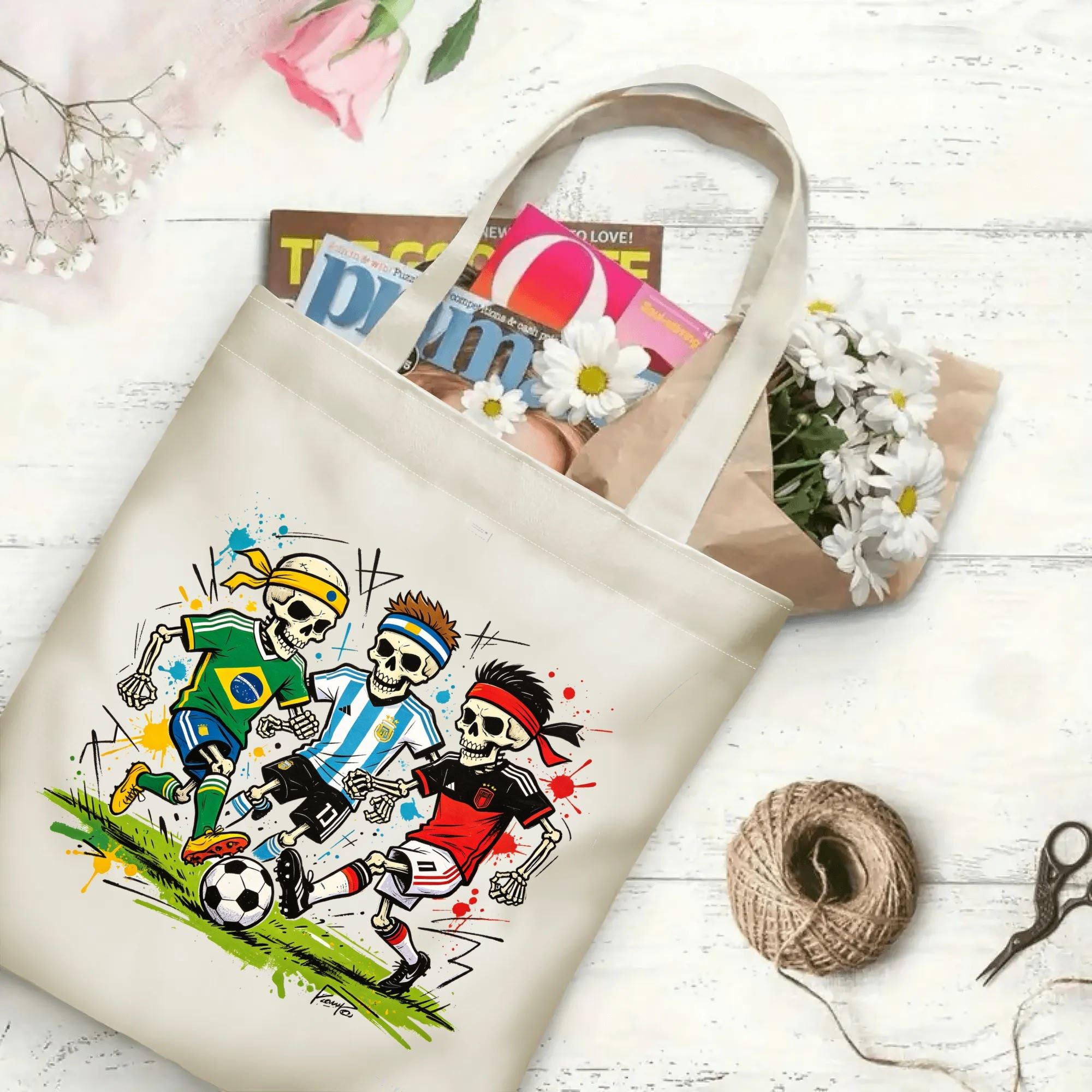 Flat‑lay shot of natural canvas novelty football tote bag with vibrant graffiti‑punk skeleton soccer graphic, three skull players in iconic national kits and chaotic grunge field details, decorated with daisies, ideal casual daily‑wear bag for World Cup fans