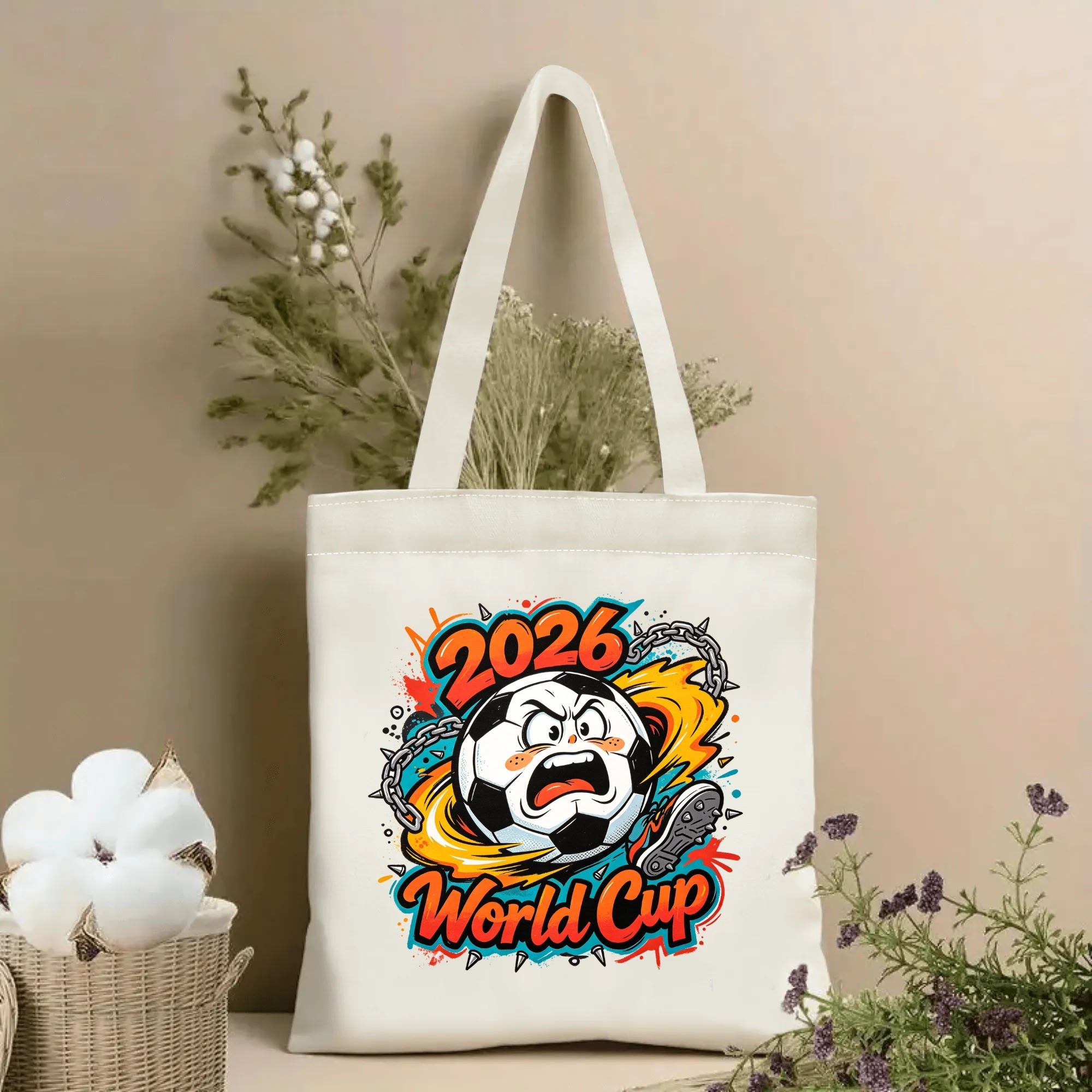 Natural canvas 2026 World Cup‑themed tote bag featuring an edgy punk‑graffiti style graphic of an angry anthropomorphic soccer ball character with spiked chains, kicking cleat, fiery burst effects and bold "2026 World Cup" lettering, styled with dried flowers for sports‑fan gift display