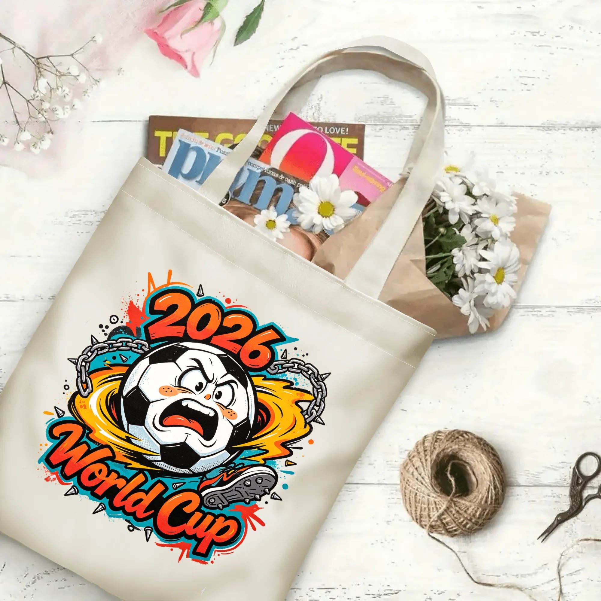 Flat‑lay shot of natural canvas novelty football tote bag with vibrant street‑art angry soccer‑ball mascot graphic, punk‑style chain‑spike accents and colorful splatter‑fire details, decorated with daisies, ideal casual daily‑wear bag for World Cup fans