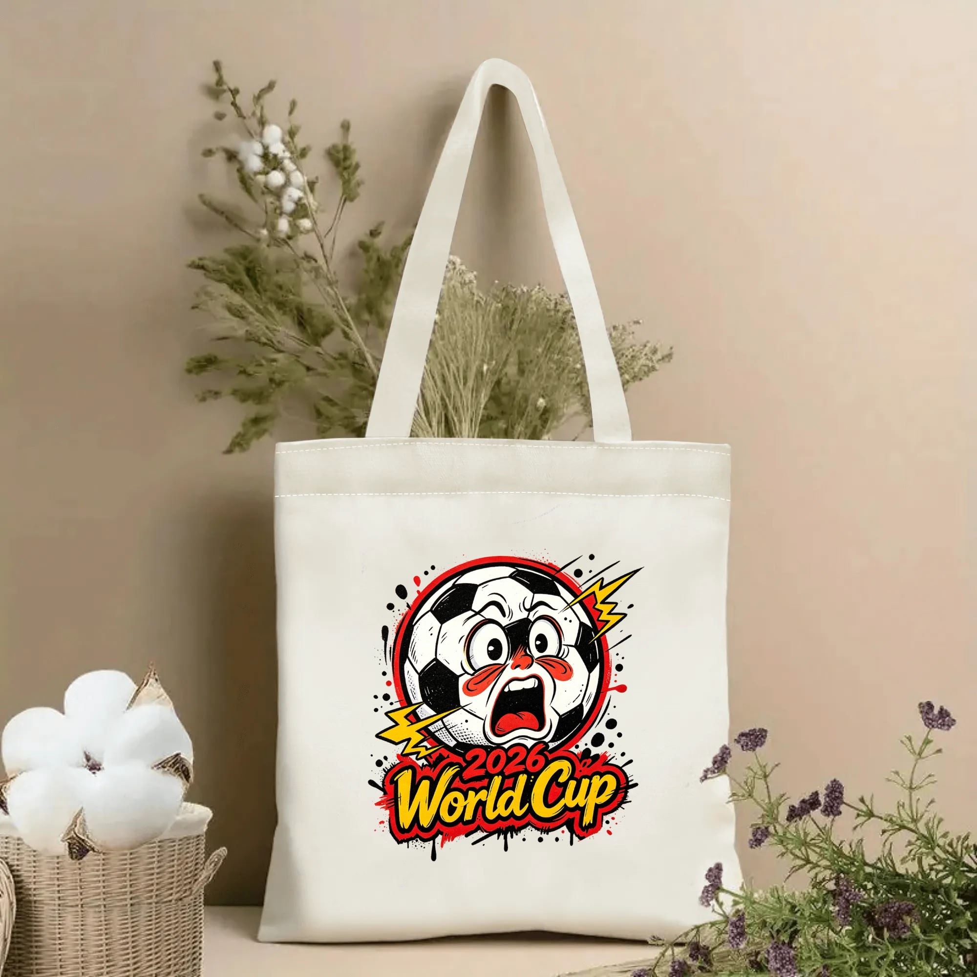 Natural canvas 2026 World Cup‑themed tote bag featuring a vibrant cartoon‑graffiti style graphic of a shocked screaming anthropomorphic soccer ball mascot, lightning‑bolt accents, splatter paint details and bold "2026 World Cup" lettering, styled with dried flowers for sports‑fan gift display