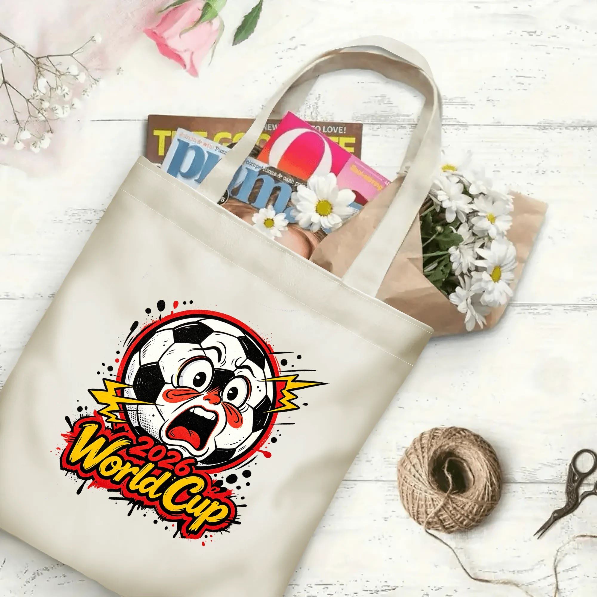 Flat‑lay shot of natural canvas novelty football tote bag with fun pop‑art screaming soccer‑ball graphic, energetic lightning accents and grunge splash textures, decorated with daisies, ideal casual daily‑wear bag for World Cup fans