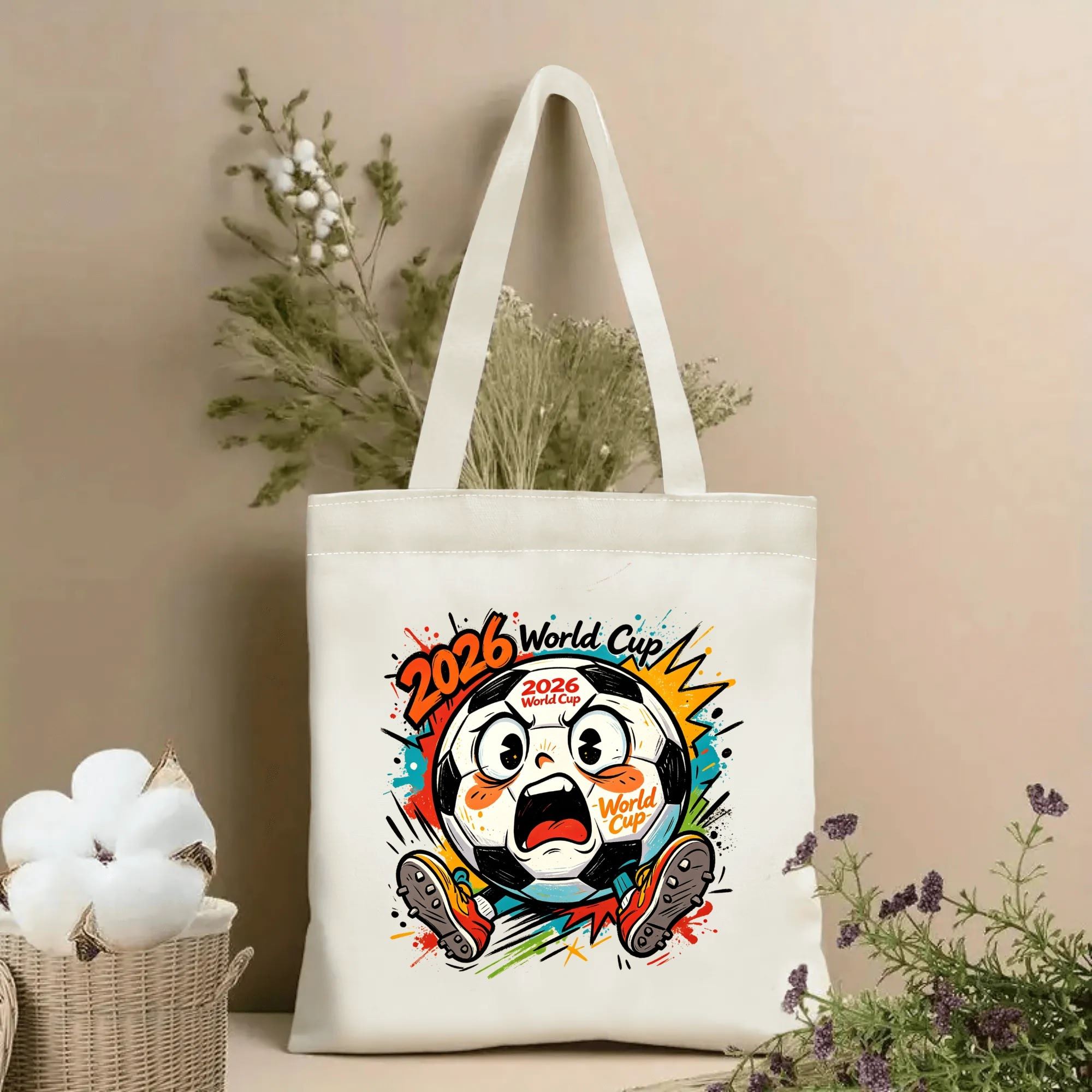 Natural canvas 2026 World Cup‑themed tote bag featuring a vibrant street‑cartoon graphic of an excited jumping anthropomorphic soccer‑ball mascot wearing cleats, colorful paint‑splatter burst effects and bold repeated "2026 World Cup" lettering, styled with dried flowers for sports‑fan gift display