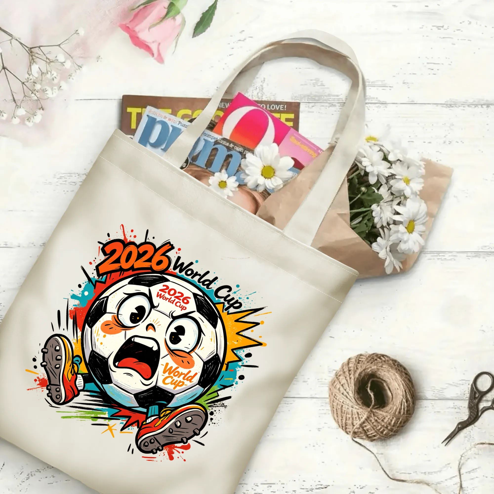 Flat‑lay shot of natural canvas novelty football tote bag with fun pop‑art jumping soccer‑ball character graphic, energetic splash‑style backgrounds and playful typography, decorated with daisies, ideal casual daily‑wear bag for World Cup fans