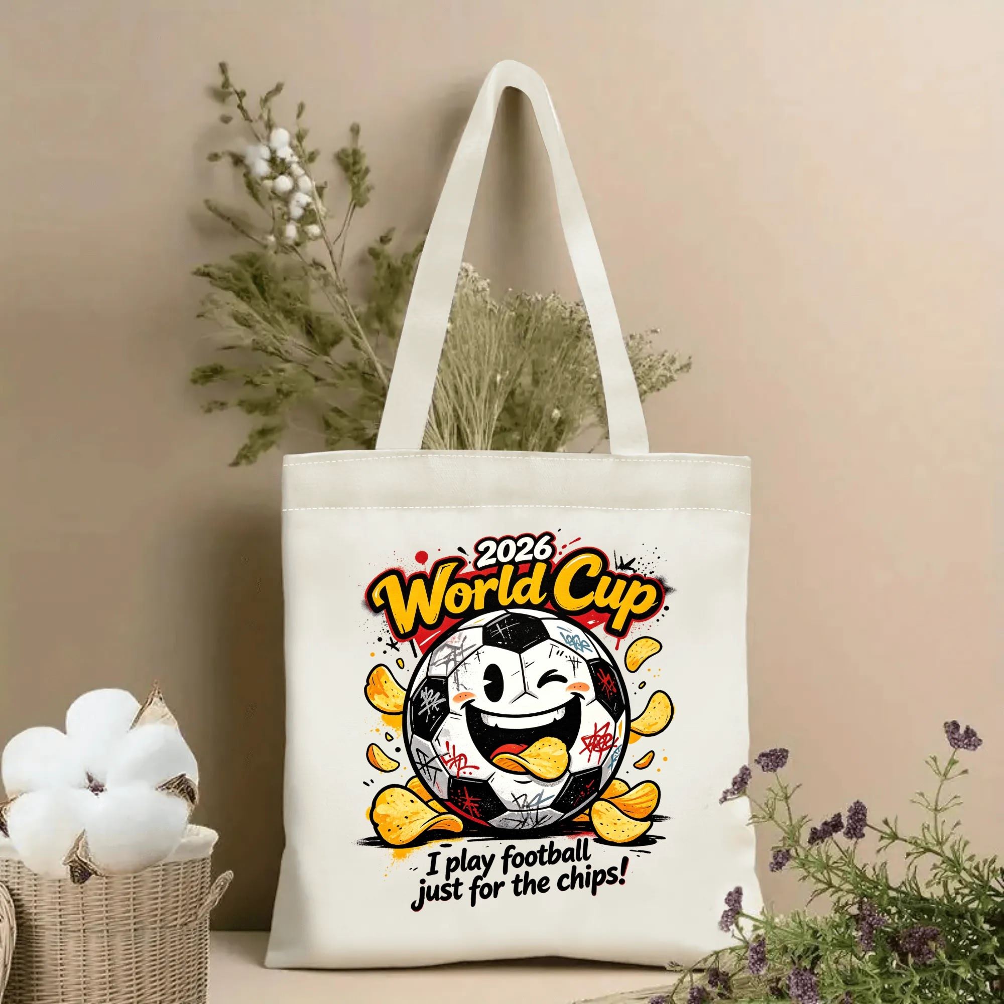 Natural canvas 2026 World Cup‑themed tote bag featuring a bold street‑graffiti graphic of a winking anthropomorphic soccer‑ball mascot with chip‑eating tongue, surrounded by crispy potato chips and street‑art tag marks, plus the humorous slogan “I play football just for the chips!” and vibrant splatter‑style “2026 World Cup” lettering, styled with dried flowers for sports‑fan gift display