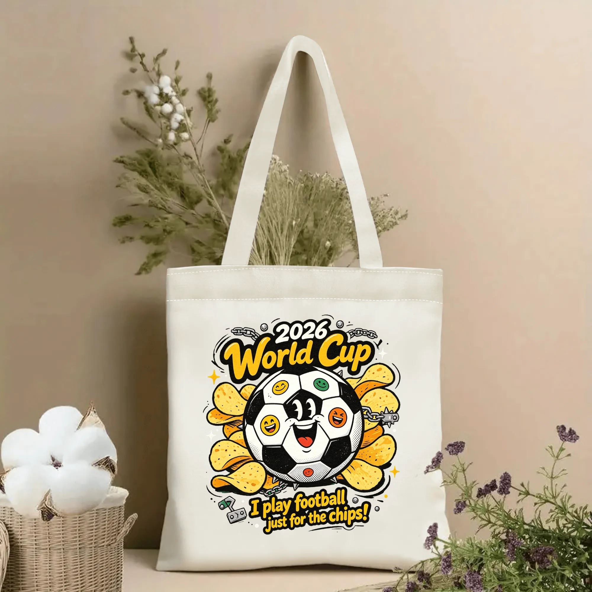Natural canvas 2026 World Cup‑themed tote bag featuring an edgy punk‑cartoon graphic of a happy anthropomorphic soccer‑ball mascot covered in emoji‑style face panels, surrounded by crispy potato chips, spiked‑chain accents, and the playful humorous slogan “I play football just for the chips!”, paired with bold “2026 World Cup” lettering, styled with dried flowers for sports‑fan gift display